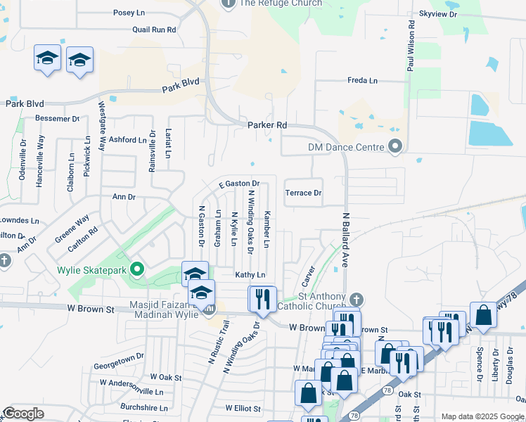 map of restaurants, bars, coffee shops, grocery stores, and more near 508 Kamber Lane in Wylie