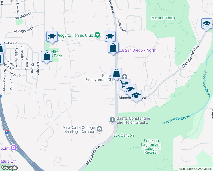 map of restaurants, bars, coffee shops, grocery stores, and more near 1910 South El Camino Real in Encinitas