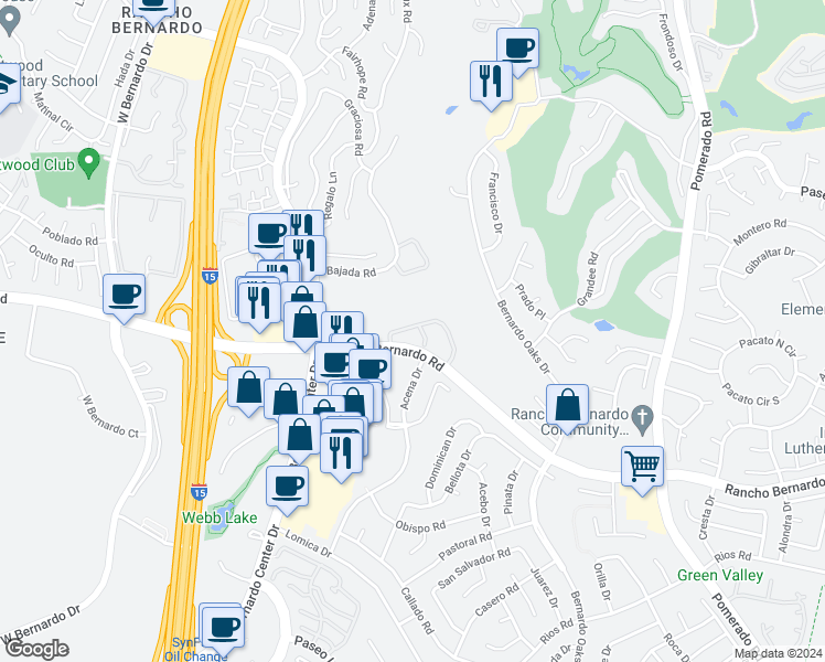 map of restaurants, bars, coffee shops, grocery stores, and more near 12044 Caminito Campana in San Diego