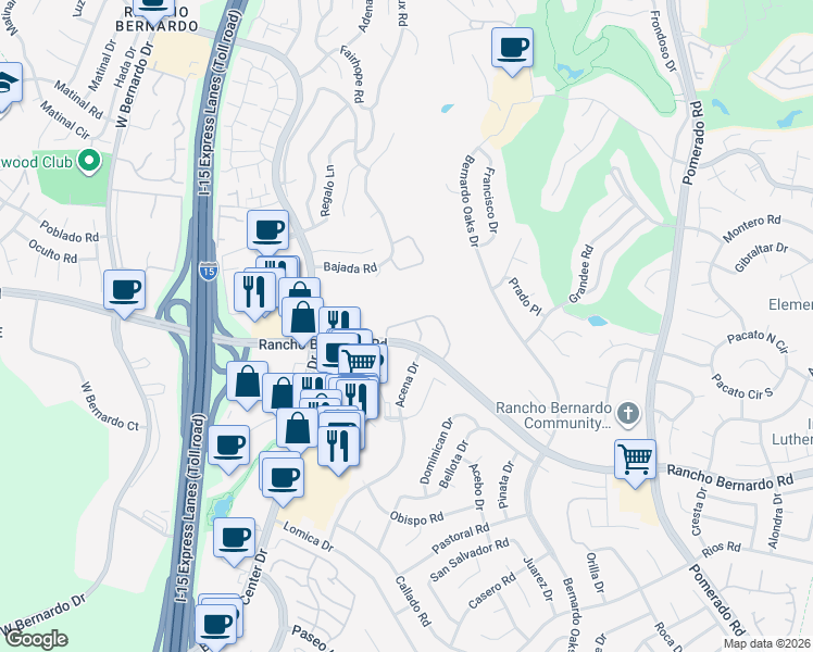 map of restaurants, bars, coffee shops, grocery stores, and more near 12044 Caminito Campana in San Diego