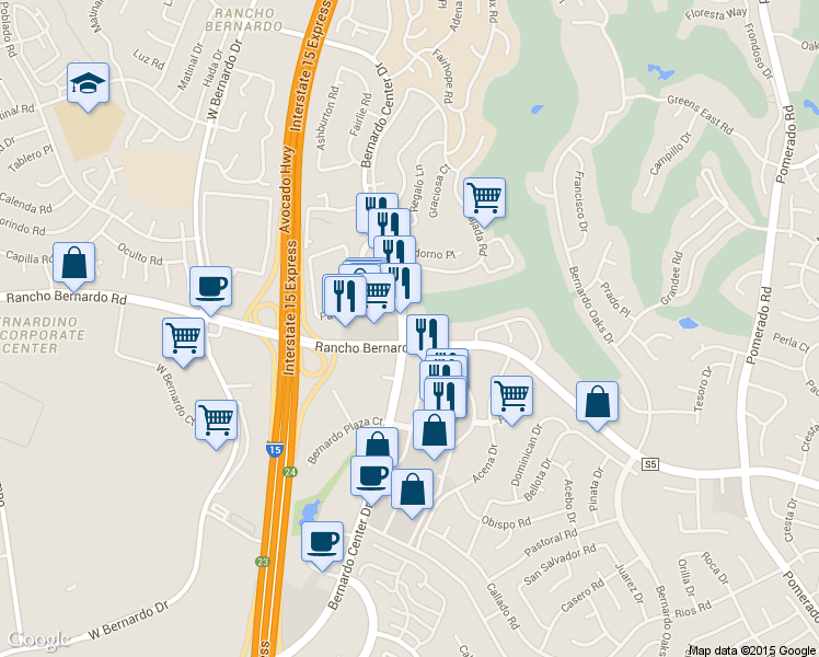 map of restaurants, bars, coffee shops, grocery stores, and more near 17083 Bernardo Center Drive in San Diego