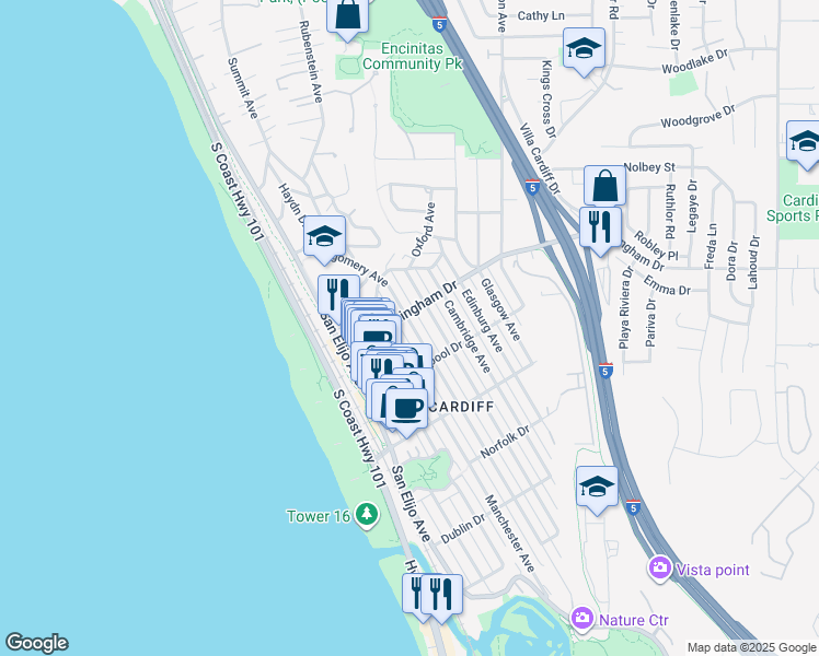 map of restaurants, bars, coffee shops, grocery stores, and more near 2008 Oxford Avenue in Encinitas