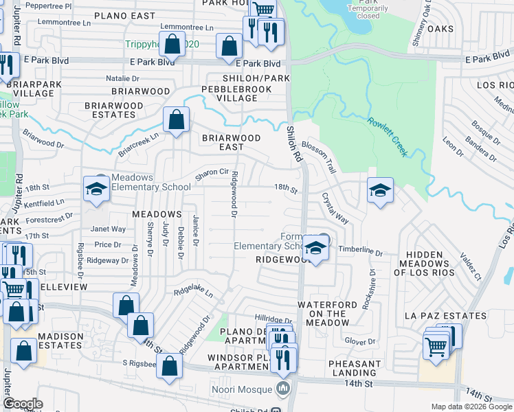 map of restaurants, bars, coffee shops, grocery stores, and more near 3408 18th Street in Plano