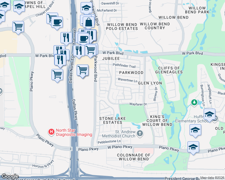 map of restaurants, bars, coffee shops, grocery stores, and more near 1709 Triple Crown Lane in Plano