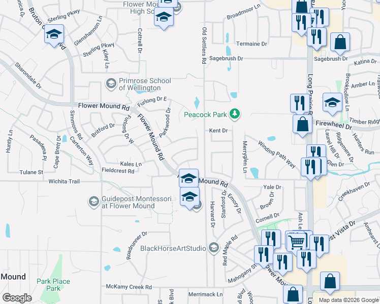 map of restaurants, bars, coffee shops, grocery stores, and more near 3411 Diamond Point Drive in Flower Mound