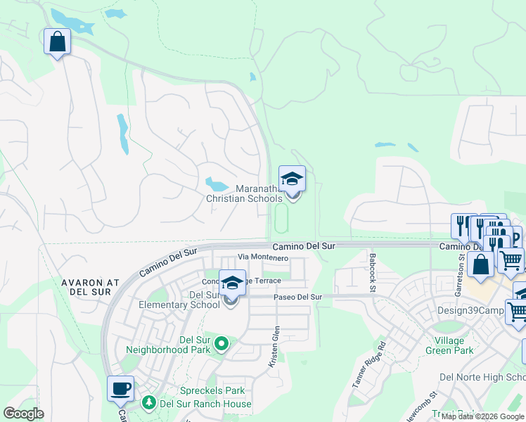 map of restaurants, bars, coffee shops, grocery stores, and more near 16231 Sunny Summit Drive in San Diego