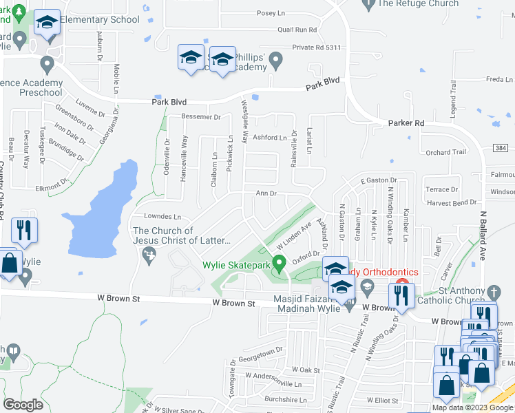 map of restaurants, bars, coffee shops, grocery stores, and more near 516 Robinwood Drive in Wylie