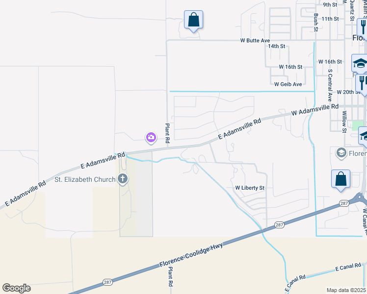 map of restaurants, bars, coffee shops, grocery stores, and more near 15359 East Adamsville Road in Florence