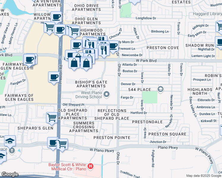 map of restaurants, bars, coffee shops, grocery stores, and more near 1800 Preston Park Boulevard in Plano