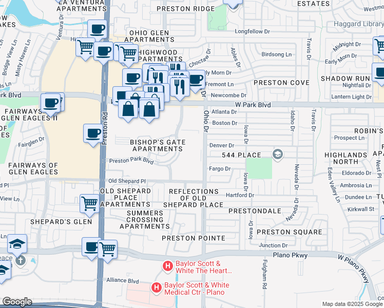 map of restaurants, bars, coffee shops, grocery stores, and more near 1800 Preston Park Boulevard in Plano