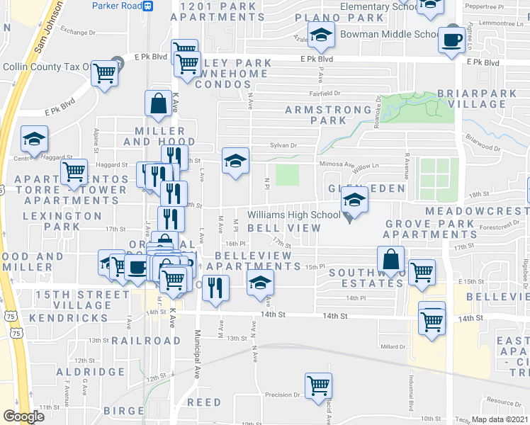 map of restaurants, bars, coffee shops, grocery stores, and more near 1711 North Place in Plano