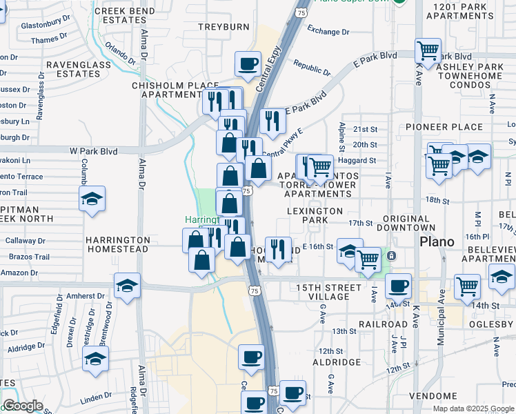 map of restaurants, bars, coffee shops, grocery stores, and more near 1708 N Central Expy in Plano