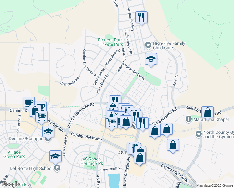 map of restaurants, bars, coffee shops, grocery stores, and more near 16956 Laurel Hill Lane in San Diego