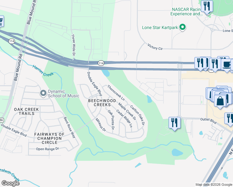 map of restaurants, bars, coffee shops, grocery stores, and more near Thorncreek Lane in Fort Worth