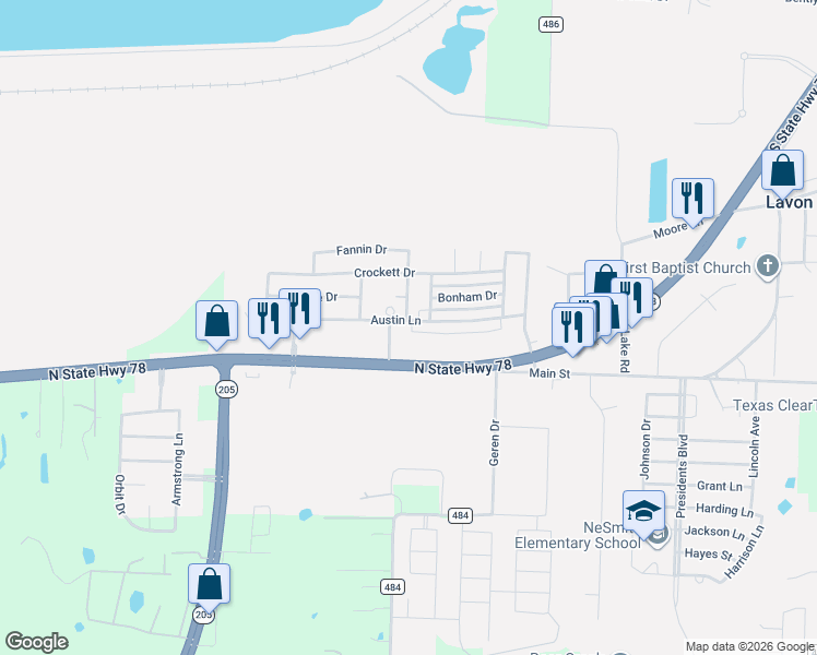 map of restaurants, bars, coffee shops, grocery stores, and more near 701 Austin Lane in Lavon