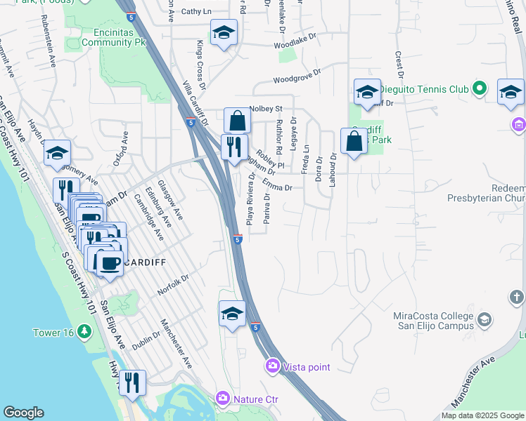 map of restaurants, bars, coffee shops, grocery stores, and more near 1878 Pariva Drive in Encinitas