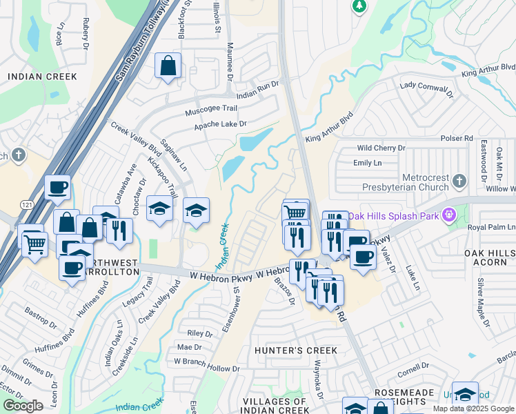 map of restaurants, bars, coffee shops, grocery stores, and more near 4221 Old Denton Road in Carrollton