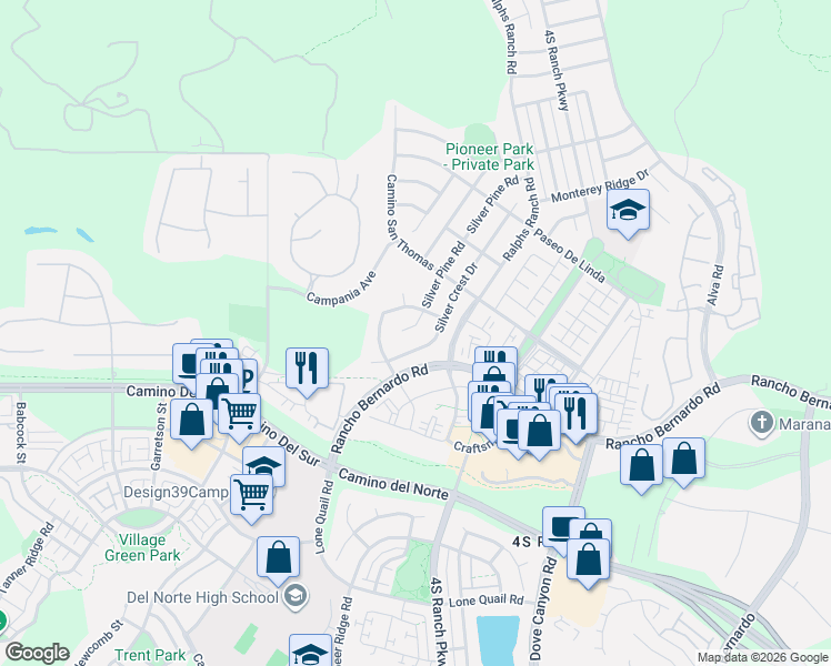 map of restaurants, bars, coffee shops, grocery stores, and more near 16924 Silver Pine Road in San Diego