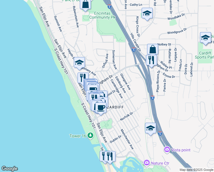 map of restaurants, bars, coffee shops, grocery stores, and more near 2008 Oxford Avenue in Encinitas