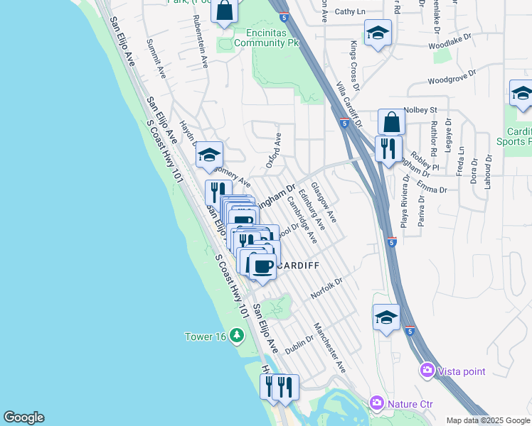 map of restaurants, bars, coffee shops, grocery stores, and more near 2008 Oxford Avenue in Encinitas