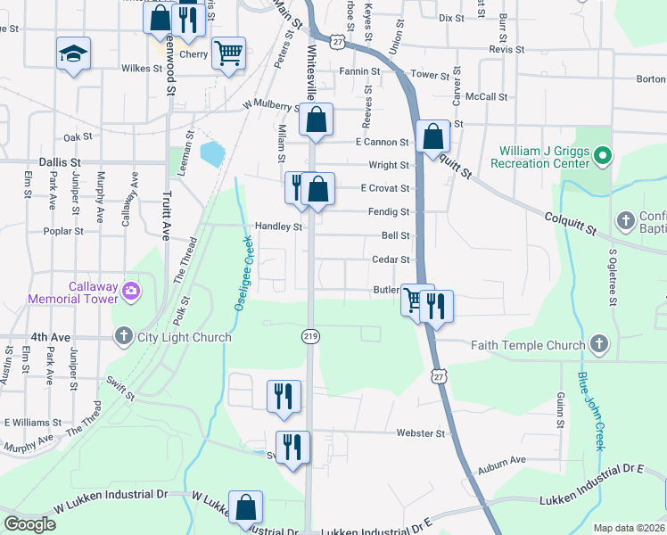 map of restaurants, bars, coffee shops, grocery stores, and more near 109 Cedar Street in LaGrange
