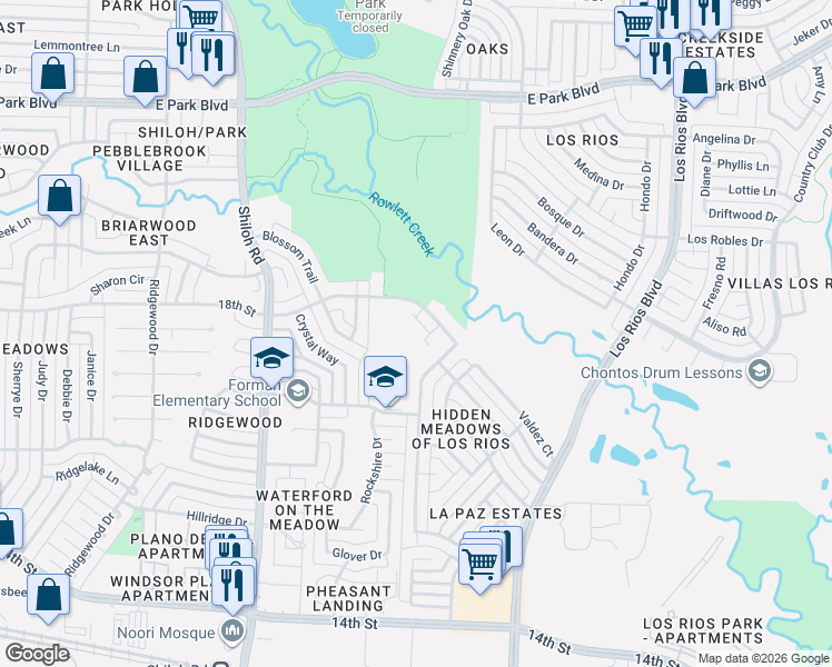 map of restaurants, bars, coffee shops, grocery stores, and more near 3800 18th Street in Plano