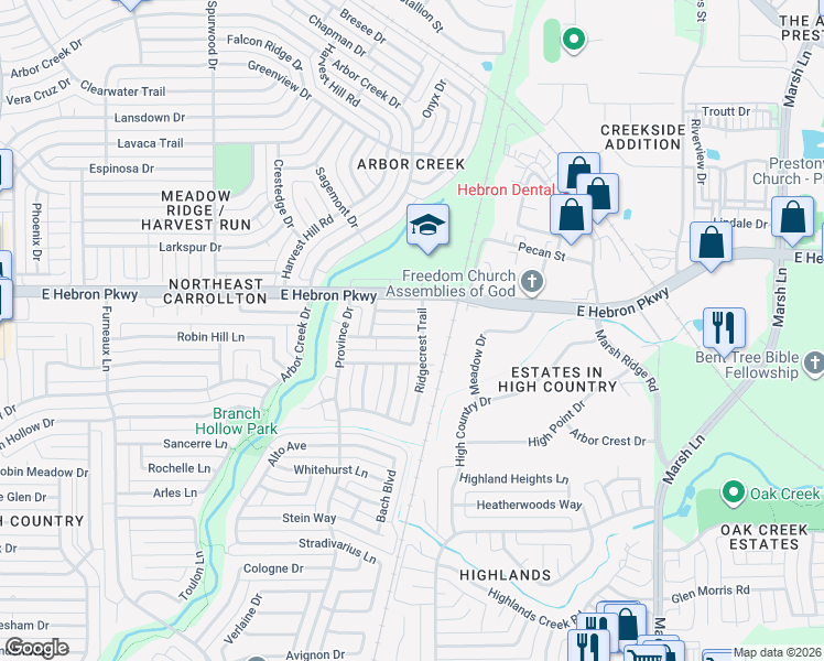 map of restaurants, bars, coffee shops, grocery stores, and more near 2210 Timberline Drive in Carrollton