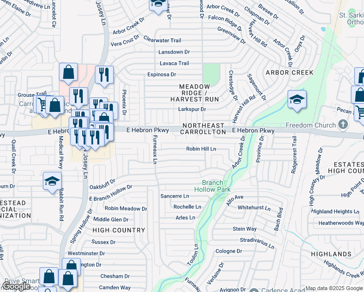 map of restaurants, bars, coffee shops, grocery stores, and more near 2044 East Hebron Parkway in Carrollton