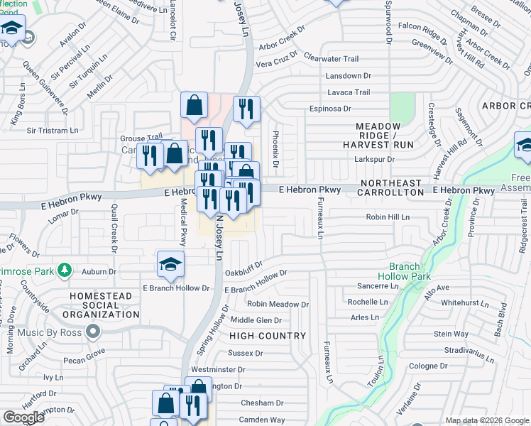 map of restaurants, bars, coffee shops, grocery stores, and more near 1930 East Hebron Parkway in Carrollton