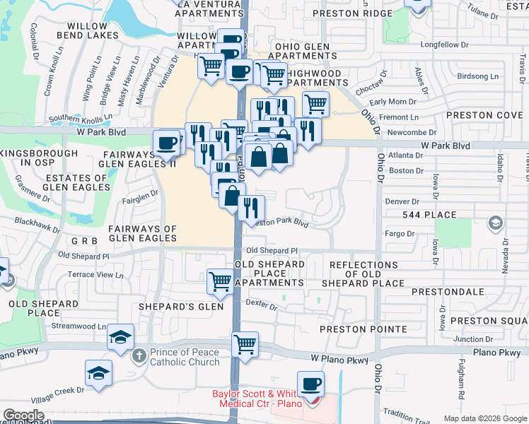 map of restaurants, bars, coffee shops, grocery stores, and more near 4975 Preston Park Boulevard in Plano