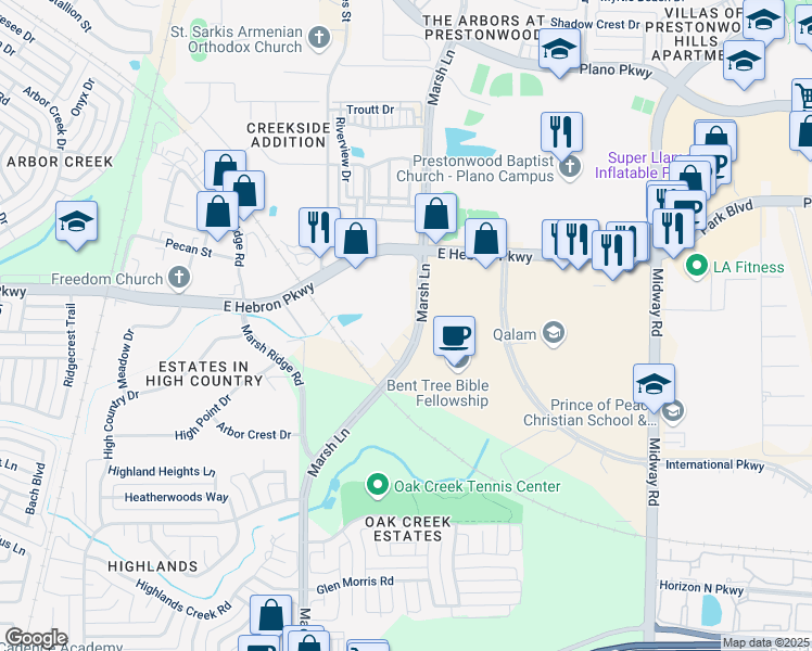 map of restaurants, bars, coffee shops, grocery stores, and more near 4229 Marsh Lane in Carrollton