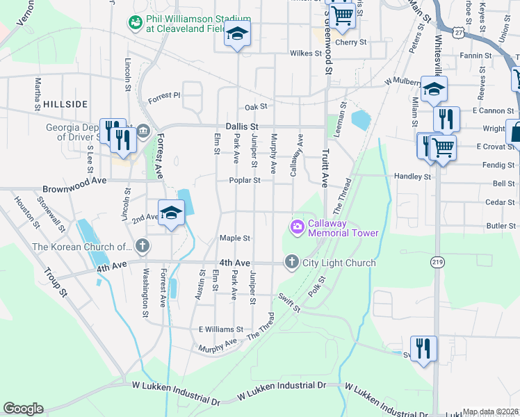 map of restaurants, bars, coffee shops, grocery stores, and more near 1011 Juniper Street in LaGrange