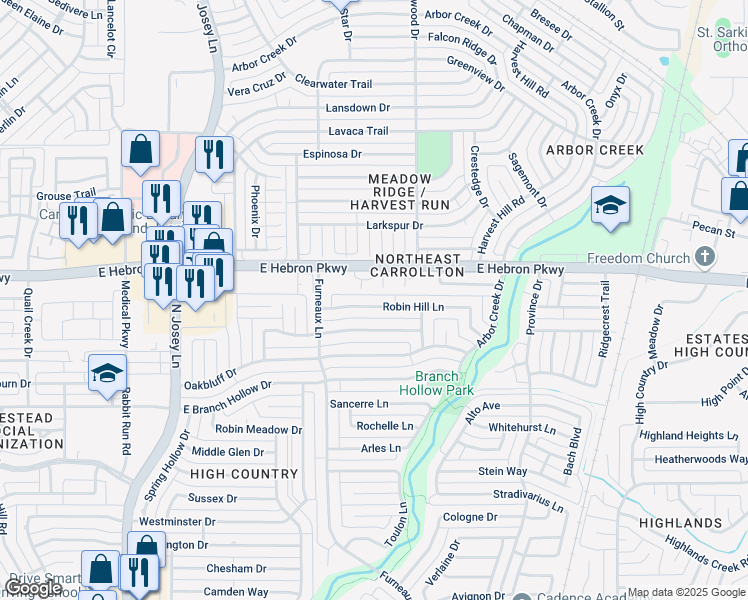 map of restaurants, bars, coffee shops, grocery stores, and more near 2044 East Hebron Parkway in Carrollton