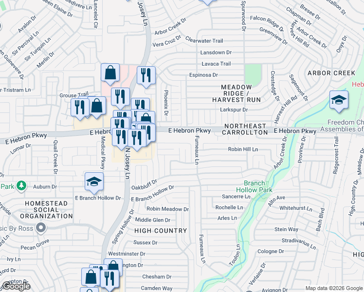 map of restaurants, bars, coffee shops, grocery stores, and more near 1931 Crestside Circle in Carrollton