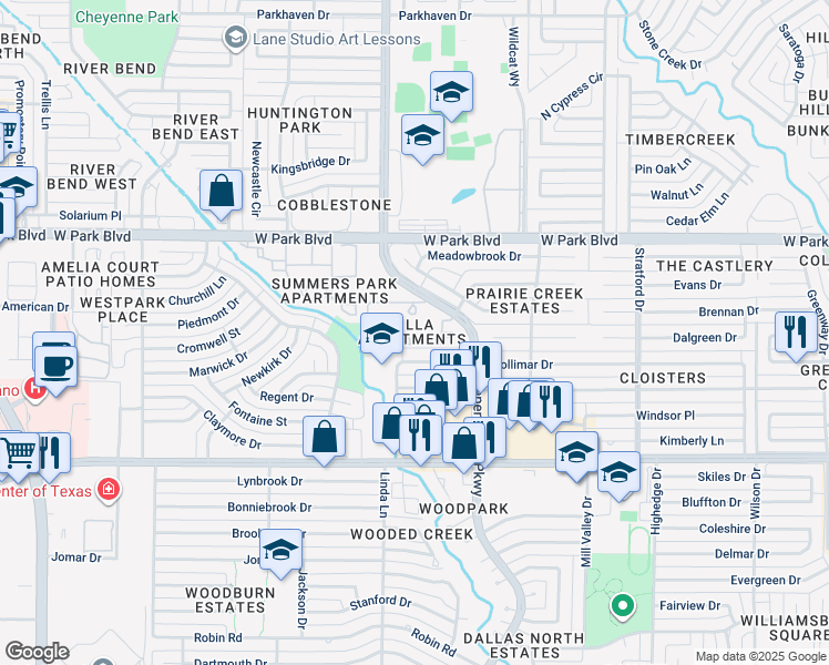 map of restaurants, bars, coffee shops, grocery stores, and more near 1717 Independence Parkway in Plano
