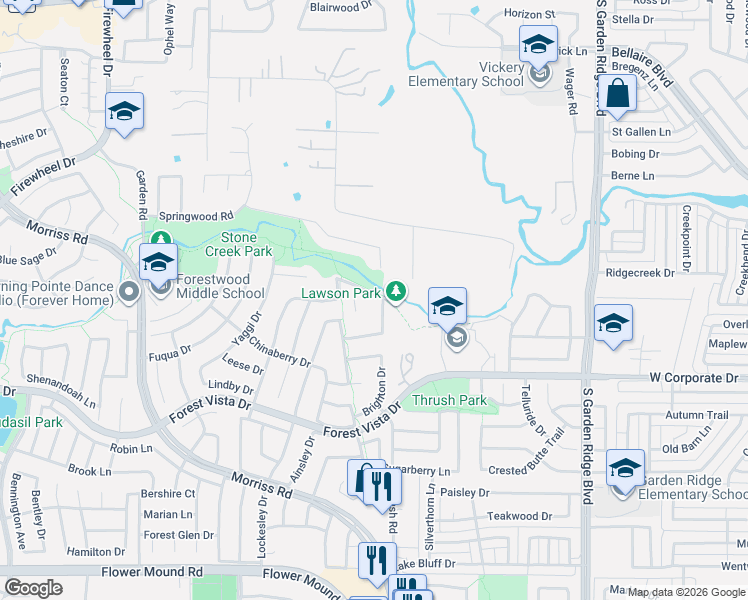 map of restaurants, bars, coffee shops, grocery stores, and more near 1105 Princewood Drive in Flower Mound