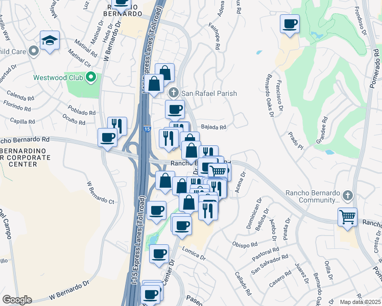 map of restaurants, bars, coffee shops, grocery stores, and more near 17030 Bernardo Center Drive in San Diego