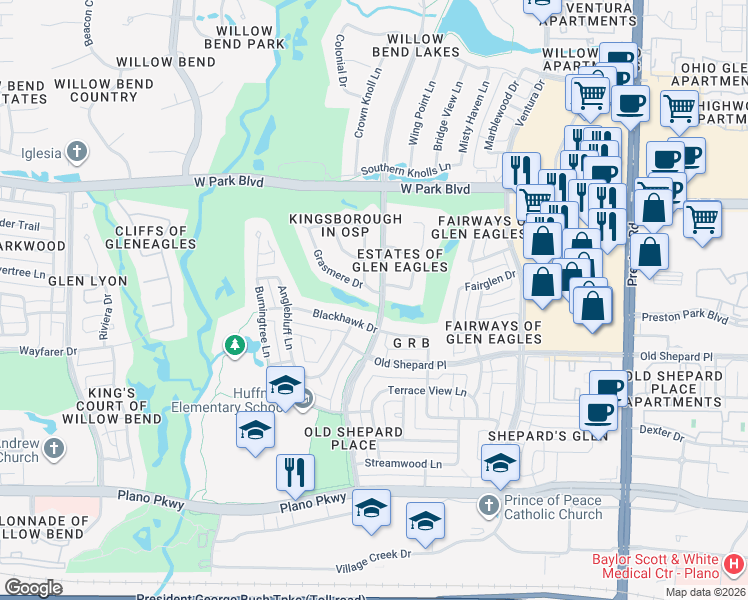 map of restaurants, bars, coffee shops, grocery stores, and more near 5212 Scottish Way in Plano