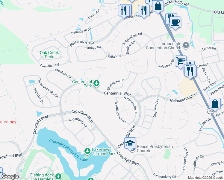 map of restaurants, bars, coffee shops, grocery stores, and more near 103 Fairbury Drive in Goose Creek