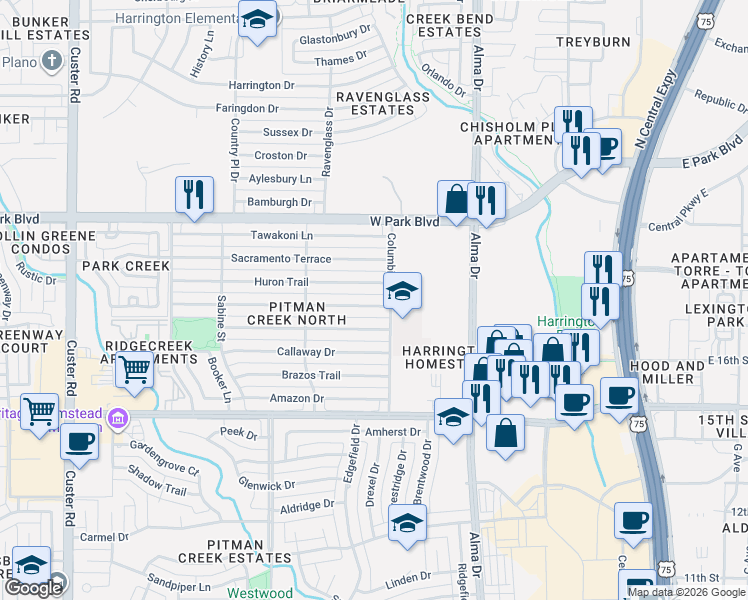 map of restaurants, bars, coffee shops, grocery stores, and more near 1400 Huron Trail in Plano