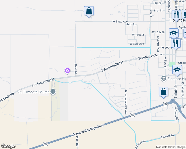 map of restaurants, bars, coffee shops, grocery stores, and more near 15524 East Adamsville Road in Florence