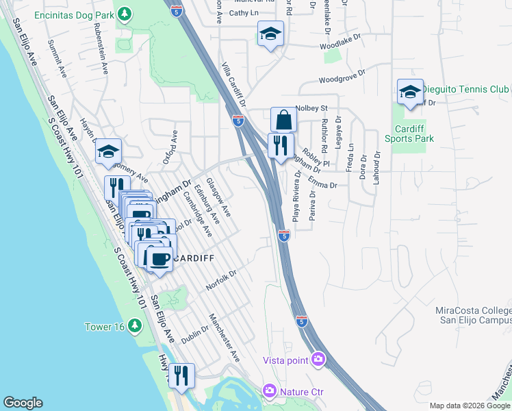 map of restaurants, bars, coffee shops, grocery stores, and more near 2170 Carol View Drive in Encinitas