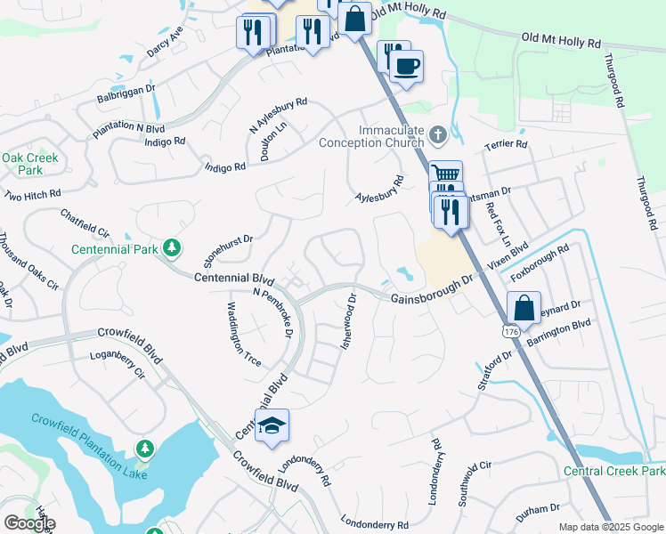 map of restaurants, bars, coffee shops, grocery stores, and more near 102 Lancaster Court in Goose Creek