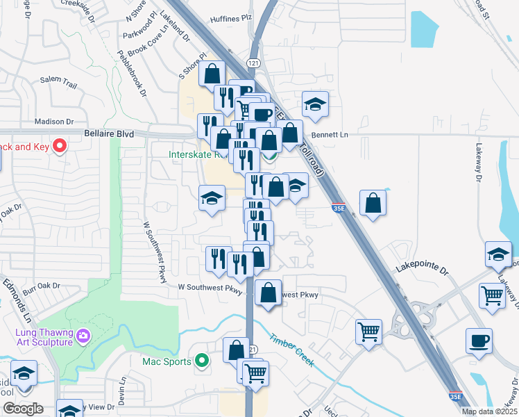 map of restaurants, bars, coffee shops, grocery stores, and more near 1530 South State Highway 121 in Lewisville
