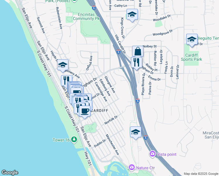 map of restaurants, bars, coffee shops, grocery stores, and more near 2080 Glasgow Avenue in Encinitas