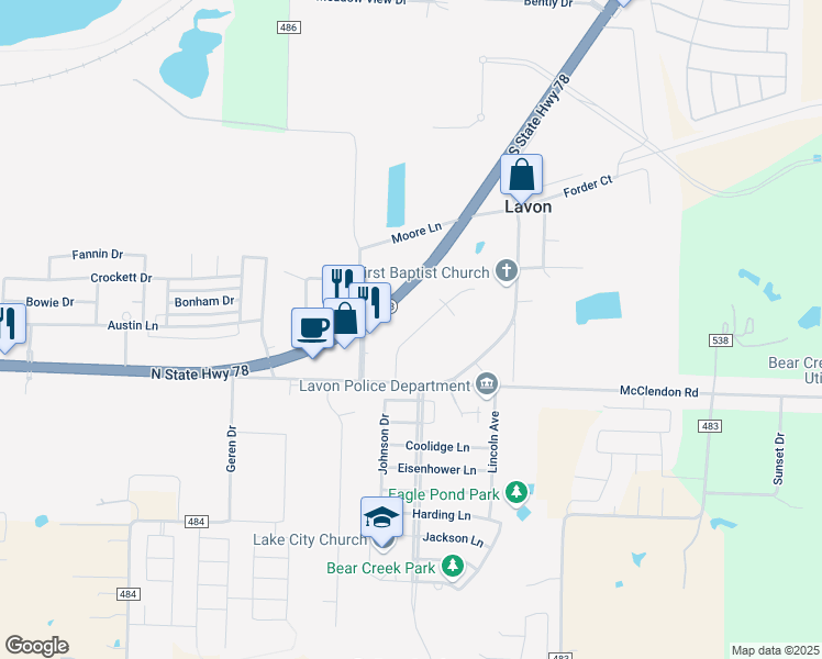 map of restaurants, bars, coffee shops, grocery stores, and more near 439 Wolf Run Court in Lavon