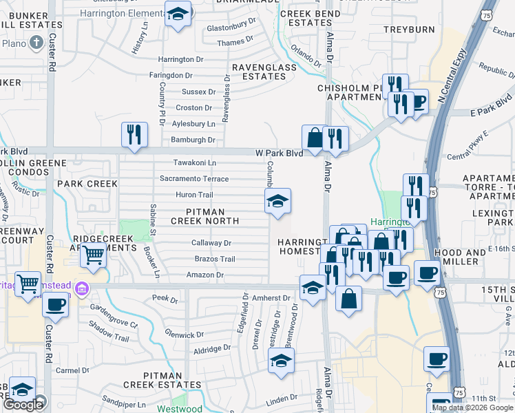 map of restaurants, bars, coffee shops, grocery stores, and more near 1400 Huron Trail in Plano