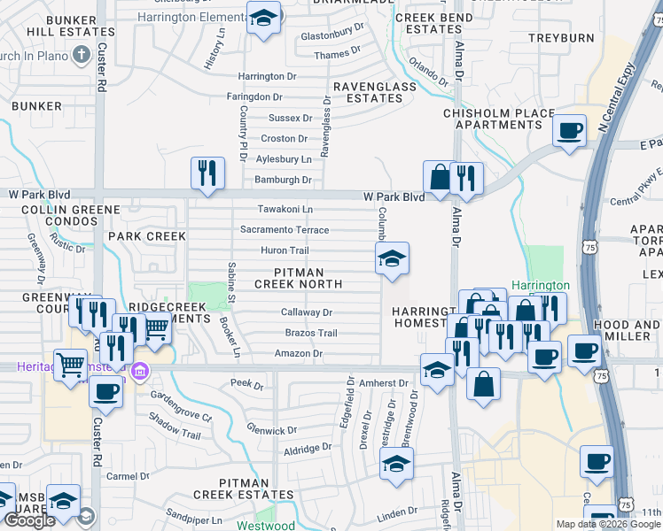 map of restaurants, bars, coffee shops, grocery stores, and more near 1524 Huron Trail in Plano