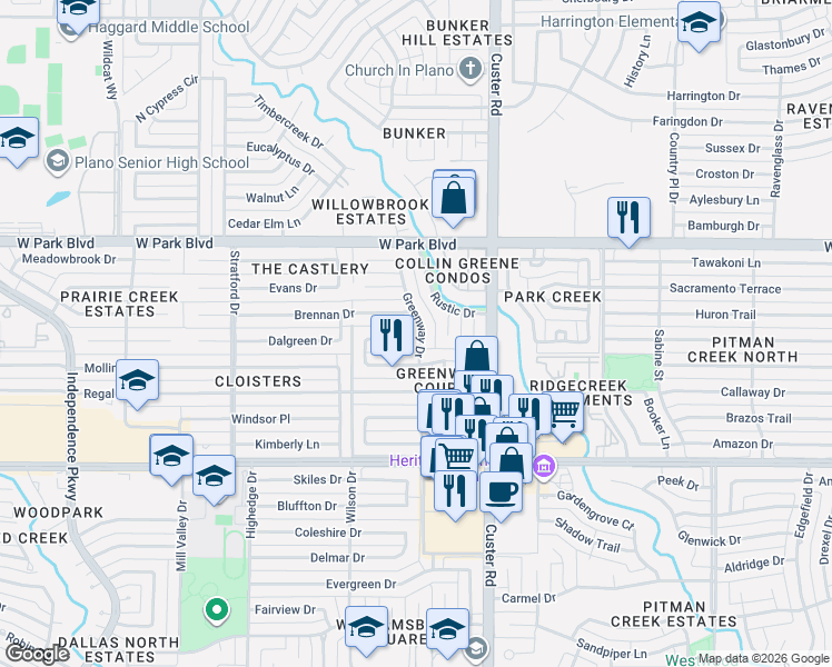 map of restaurants, bars, coffee shops, grocery stores, and more near 1813 Greenway Drive in Plano