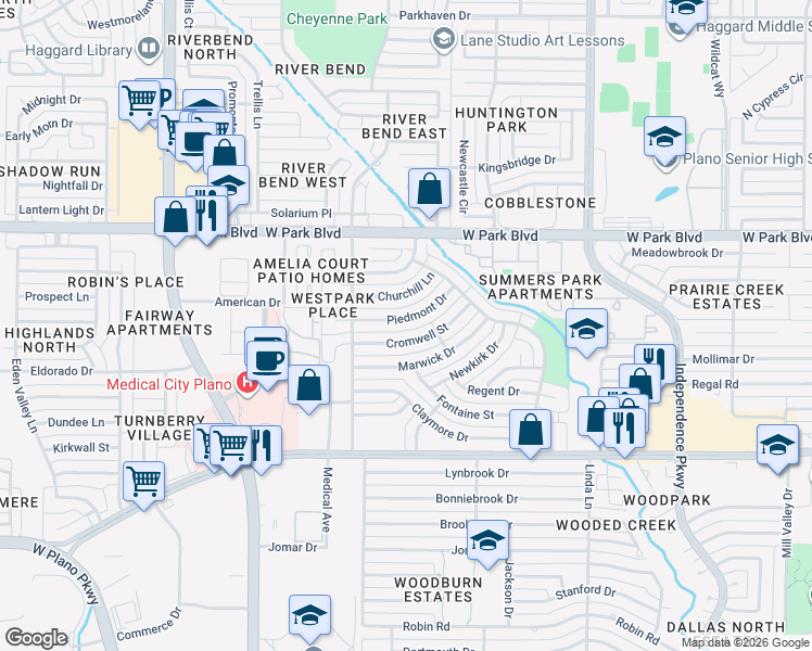 map of restaurants, bars, coffee shops, grocery stores, and more near 3529 Piedmont Drive in Plano